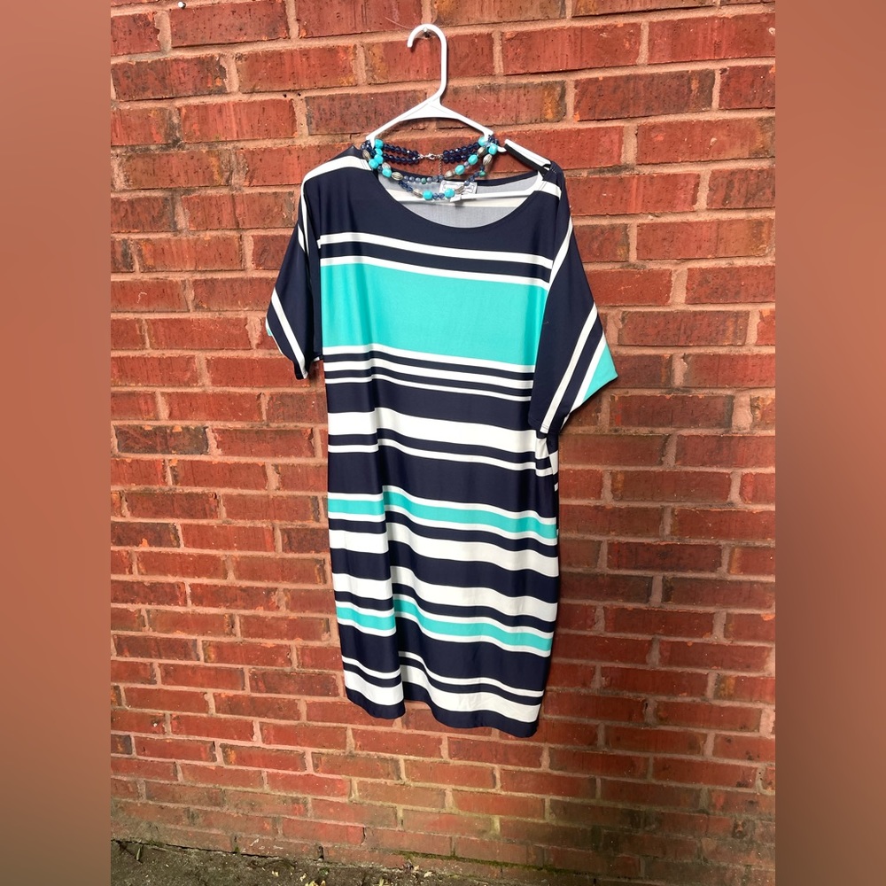 KARIN STEVENS Turquoise Navy Dress, with a coordinating double strand necklace